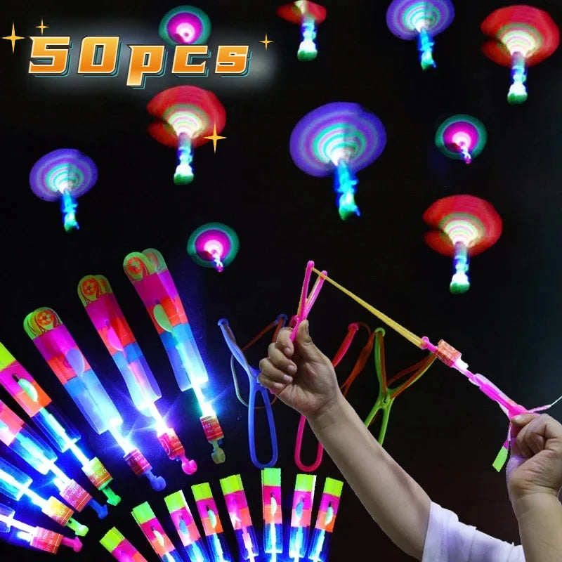 1/10/30/50pcs Amazing Light Toy Arrow Rocket Helicopter Flying Toy LED Light Toys Party Fun Gifts Rubber Band Catapult